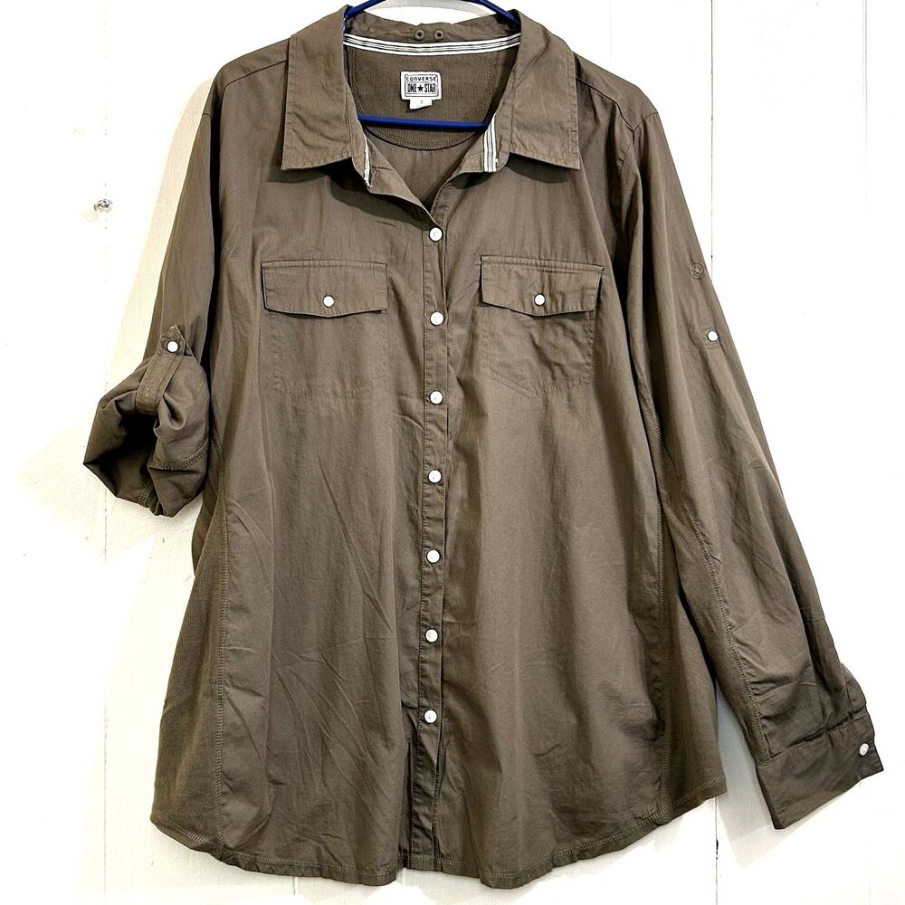 Converse One Star Women’s Button Up Long Sleeve Shirt Green Olive Size 3 Plus